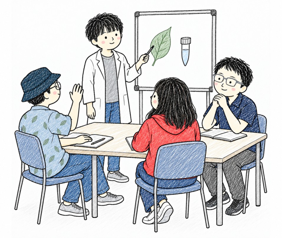 成員在 lab meeting 分享研究,其他成員與 PI 一起提問和聆聽。